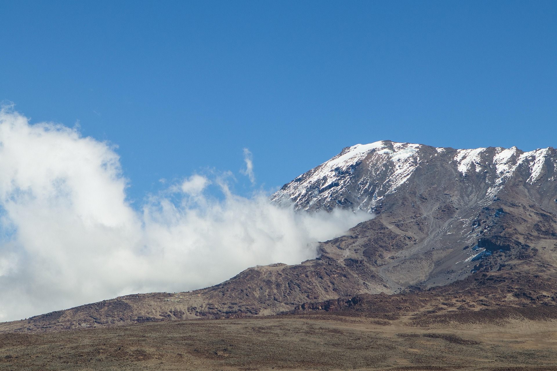 The snow-capped summit of Mount Kilimanjaro rising above the clouds
